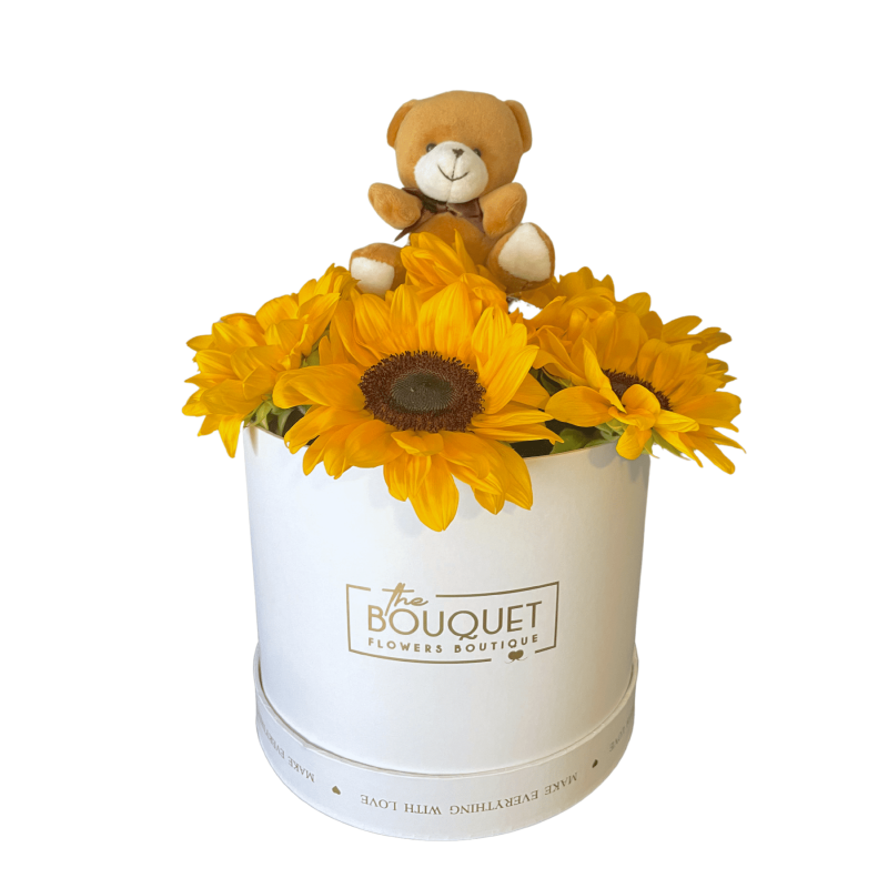 Caixa de Girassóis naturais com boneco