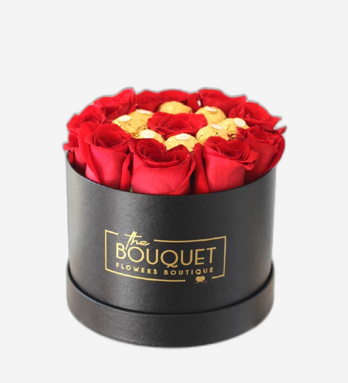 Caixa de rosas vermelhas com chocolates Ferrero Rocher