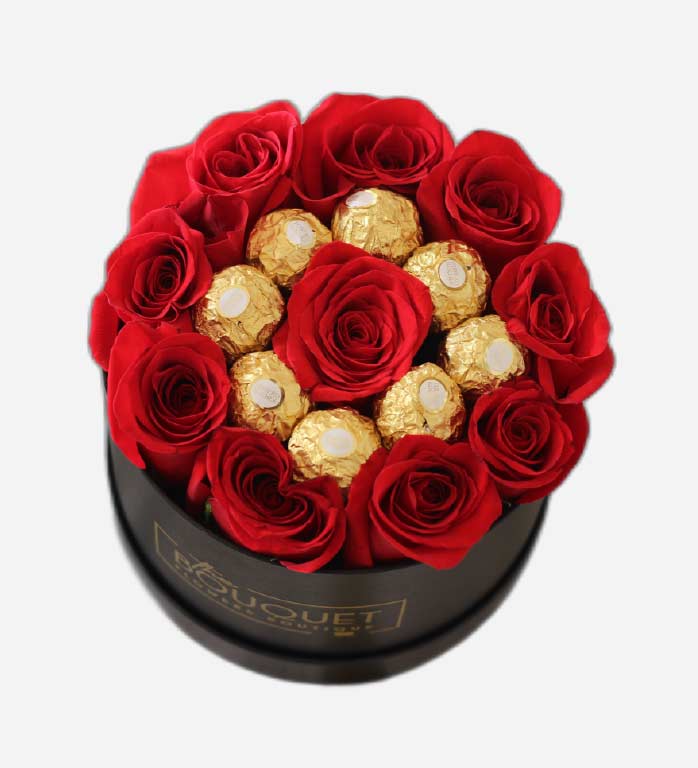 Caixa de rosas vermelhas com chocolates Ferrero Rocher