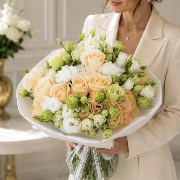 Ramo Campestre Elegance de rosas pêssego e lisianthus brancos e verdes, embrulhado em papel branco - The Bouquet, entrega de flores no Porto e Vila Nova de Gaia