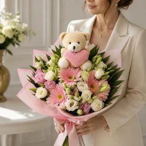 Ramo campestre cor de rosa com gerberas, lisianthus e urso de peluche, embrulhado em papel rosa - The Bouquet, entrega de flores no Porto e Vila Nova de Gaia